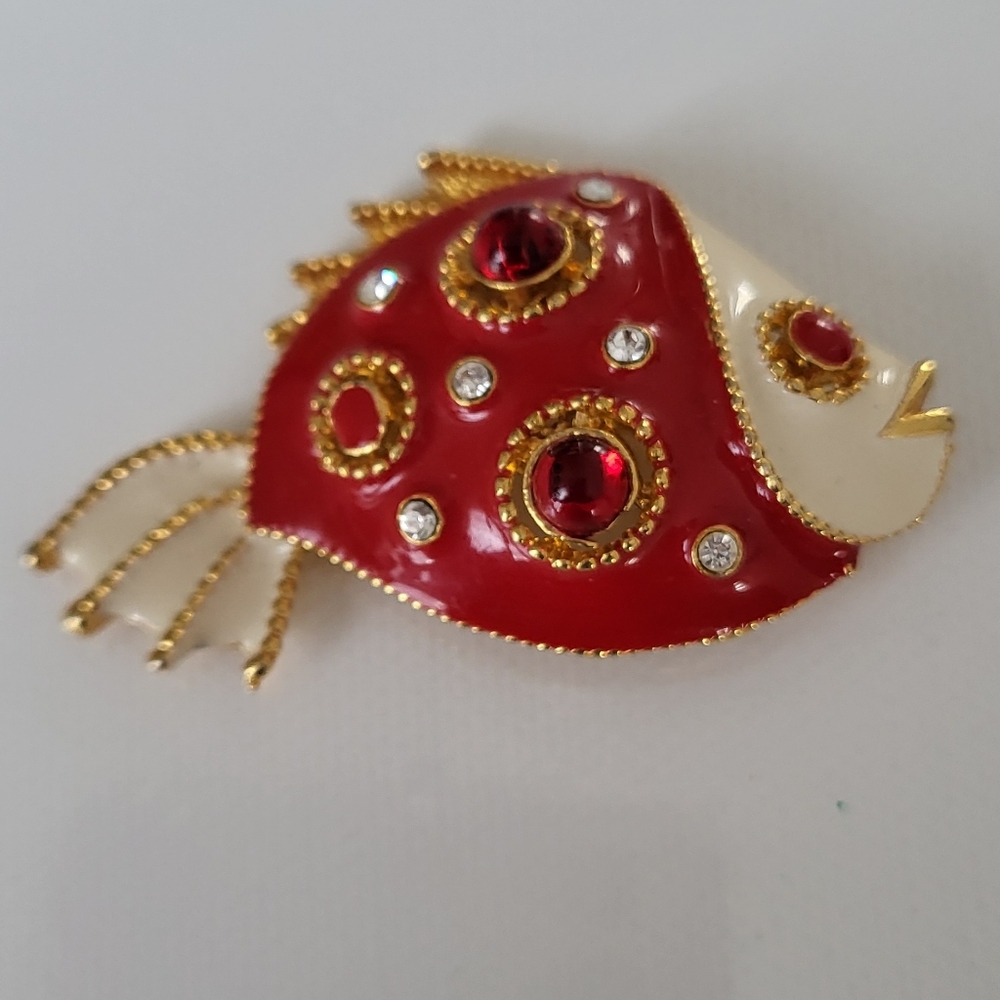 Vintage Multi- Color Enamel Rhinestone Fish Brooch